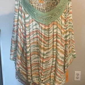 Ruby Rd. Crochet-Neck Tie-Front Tunic in Sage, Peach & Cream